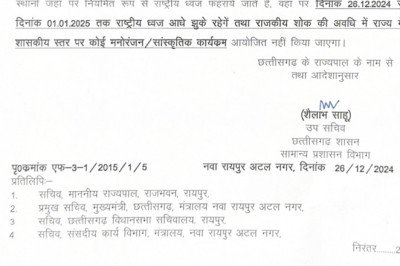 कोरबा बिग ब्रेकिंग न्यूज़,,,,उपमुख्यमंत्री अरुण साव का कोरबा प्रवास हुआ स्थगित,,राज्य सरकार ने पूर्व प्रधानमंत्री मनमोहन सिंह के निधन पर घोषित किया राजकीय   शोक
