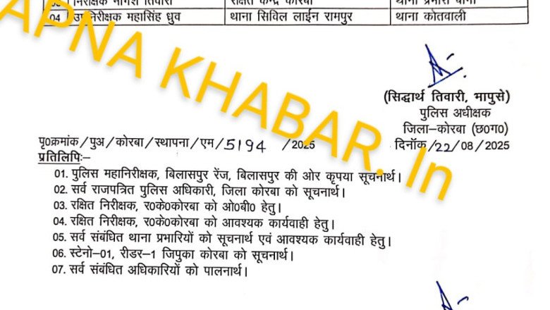 कोरबा बिग ब्रेकिंग,,,,, अभी अभी जारी हुआ आदेश  3 टीआई 1 एस आई का हुआ  तबादला
