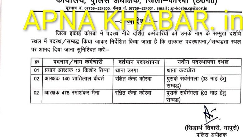 बिग ब्रेक कोरबा.... SP सिद्धार्थ तिवारी ने फिर किया इनका तबादला....